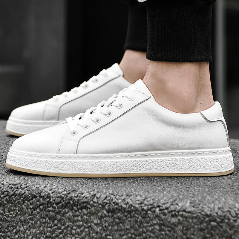 Chaussures de skate pour hommes en cuir véritable – Baskets de marche souples, décontractées et tendance_voghion.com