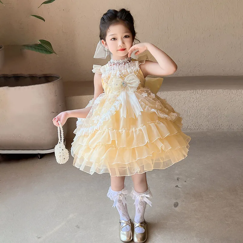 Girls Lolita Princess Sleeveless Dress Lace Ruffle Tiered Tulle Kids Birthday Party Gift Costume Children Formal Evening Gown