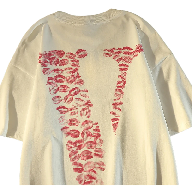 Man Women Red Lip Big V Print T-shirt For Couple Niche American Cotton Loose Oversize Couple Short Sleeved T-shirt Versatile