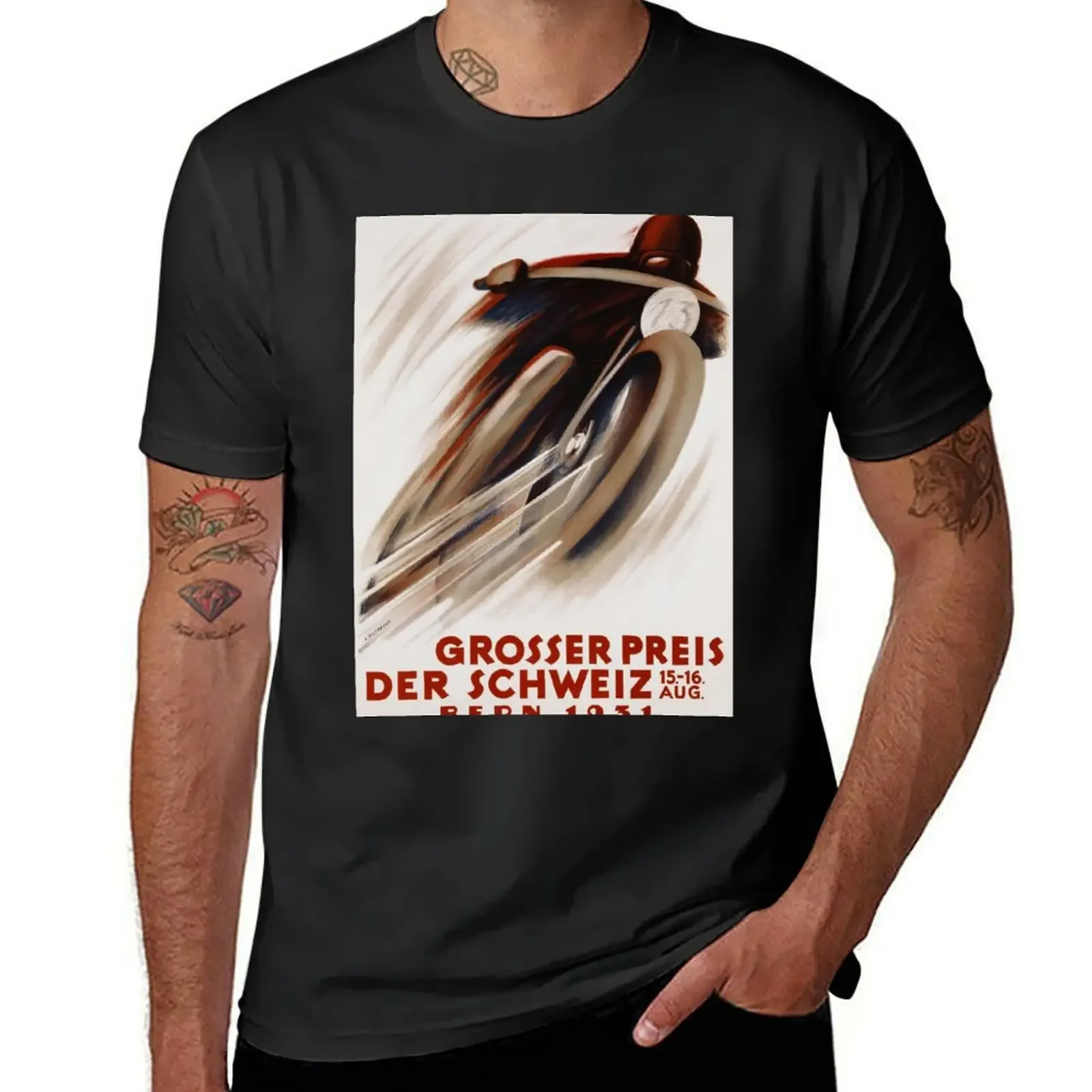 

Art Deco Swiss motorcycle advert motor sport T-Shirt customs Aesthetic clothing mens graphic t-shirts funny