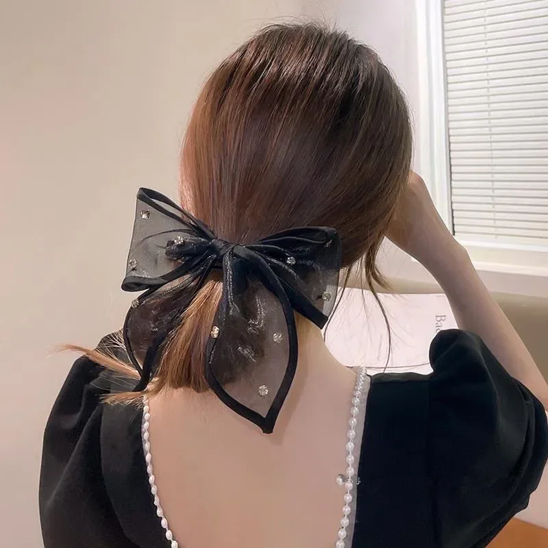 Korean Fashion Mesh Lace Bowknot Hair Clips Eleagnt Large Bow Rhinestone Hairpins Girls Hair Styling Headdress Hair Accessories