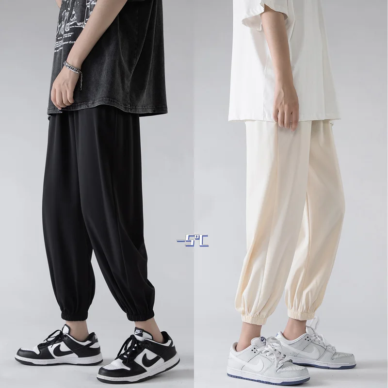 Casual leggings men's trend all-match sweat pants ins loose straight tide brand wide-leg thin ice silk nine-point pants