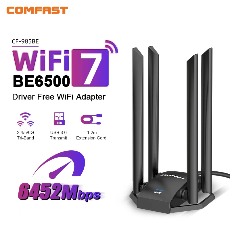 COMFAST WiFi7 USB Adapter BE6500 2.4G 5.8G 6GHz Wireless Network Card 802.11be 6500Mbps Wi-Fi 7 Antena Dongle WiFi 7 Adaptador