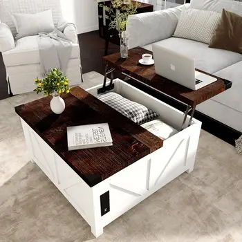 Image Lift Top Coffee Table with Storage, Wood Square Center Table with Charging Station&USB Ports, Living Room Central Tabl