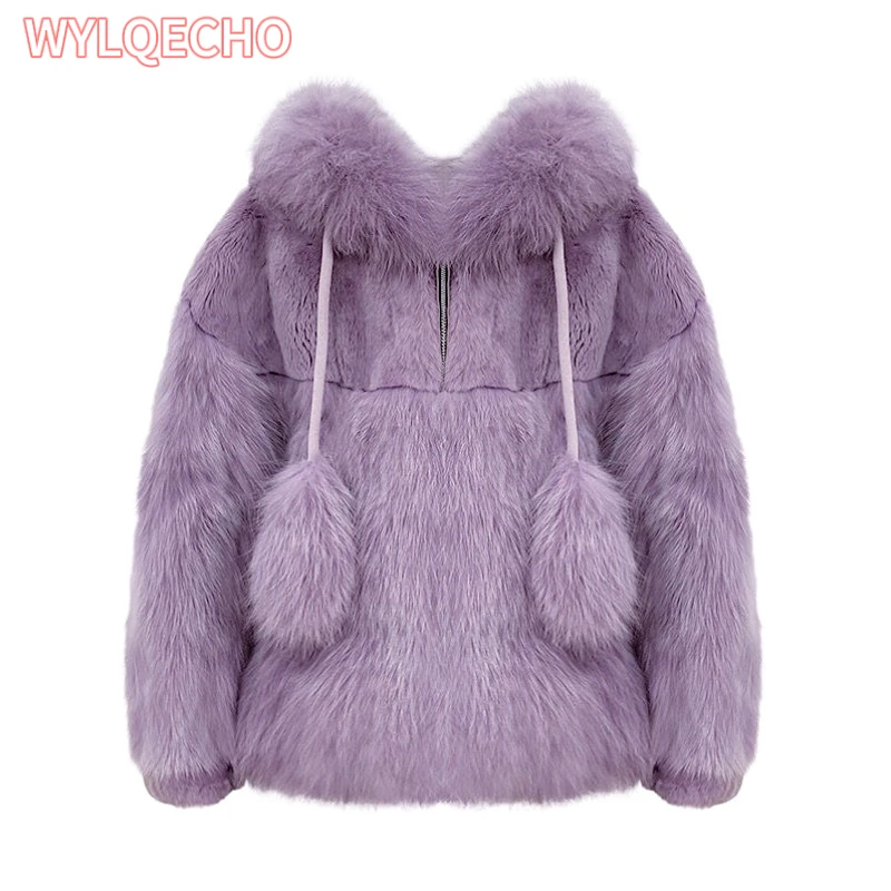 Fashion Luxury Knitted Fur Coat Women New Long Sleeve Purple Cute Rabbit Wool Jackets Autumn Winter Faux Fox Fur Coat With Hood