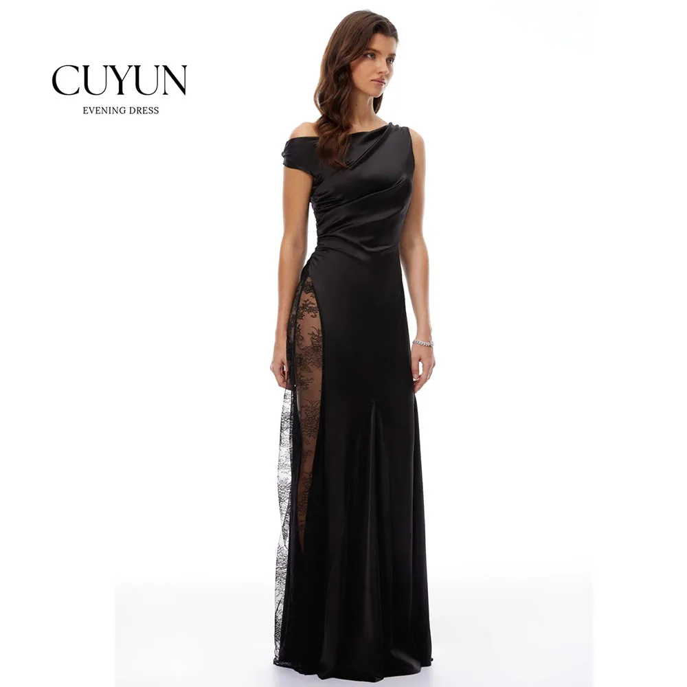 CUYUN Black Slim One Shoulder Maxi Dress Side Stitch High Split See Through Lace Chic Elegant Prom Party Evening Dresses