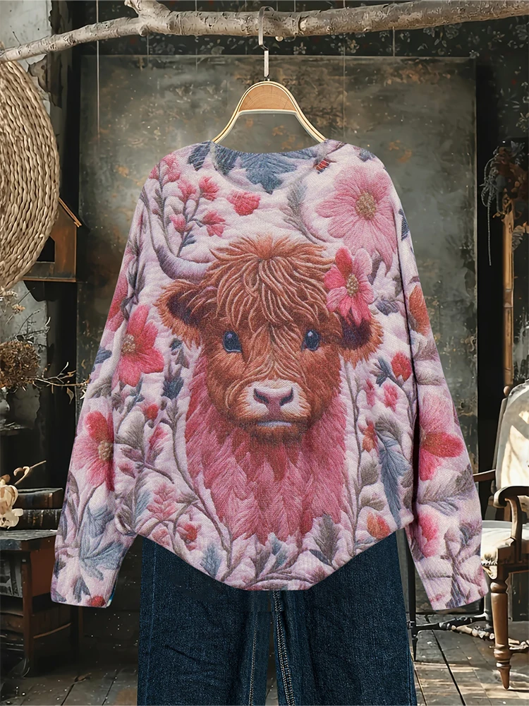 

Plus Size Women's Knitwear Highland Cow Pink Flower Embroidery Comfortable Knitted Sweater Best Choice for Autumn and Winter