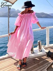 Oymimi Fashion Pink Cotton Womens Dresses Casual Slash Neck Three Quarter Sleeve Dress Elegant Loose Pleated Ankle-Length Dress