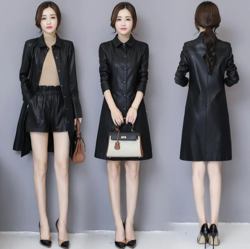 Trench da donna in pelle Moda casual O-Collo monopetto Top in pelle di pecora allentata Cappotto Capispalla lungo in pelle crosta