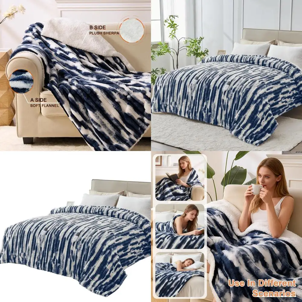 

Queen Size 84x90 Electric Blanket with Dual Controls, 6 Heat Settings, 10-Hour Timer, Faux Fur, Overheat Protection, Navy Blue