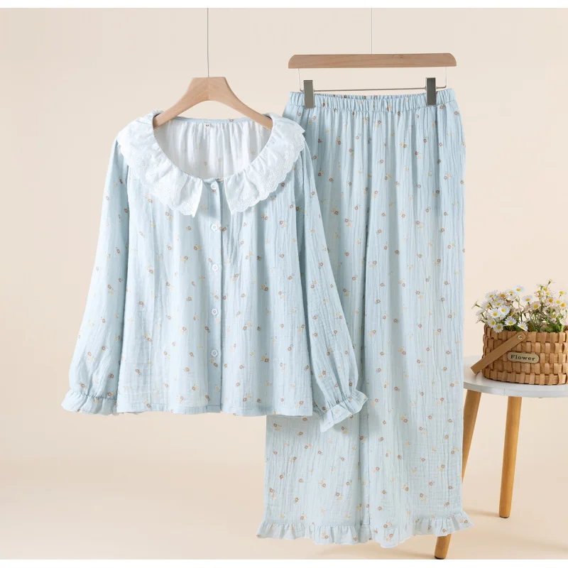 

2pcs Women's Pajama Set Sweet Cute Style 100% Cotton Gauze Lace Trim Long Sleeve Pants Loose Breathable Outdoor Wearable Loungew