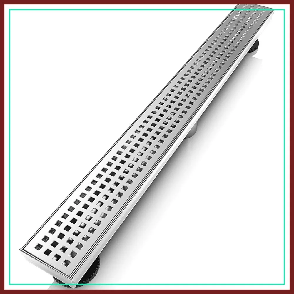 24 Inch Linear Shower Drain Rectangular Floor Drain with Square Hole Cover Grate Removable SUS304 Stainless Steel Brushed