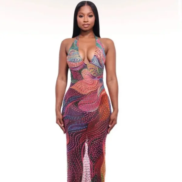 Luxury Sparkly Crystal Diamonds Sexy Mesh See Through Long Dress