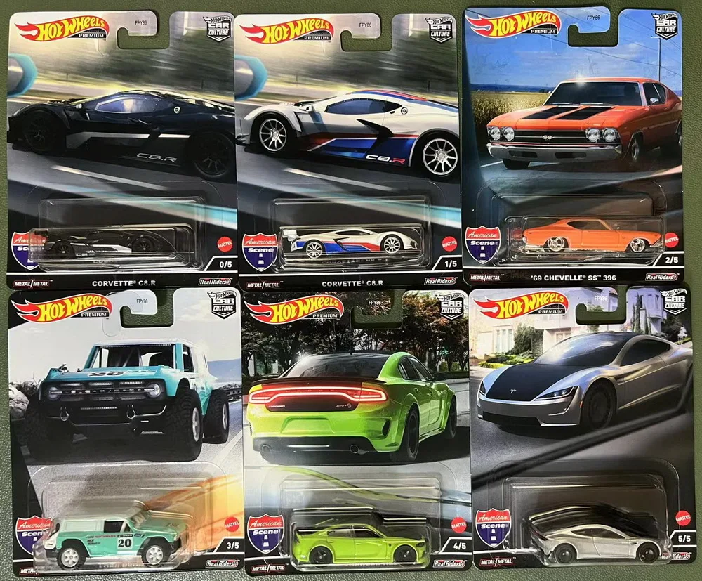 HOT WHEELS 1:64 Car Corvette C8.R 20 Dodge Charger Hellcat Tesla Roadster Ford Bronco R 69 Chevelle SS Culture American Scene