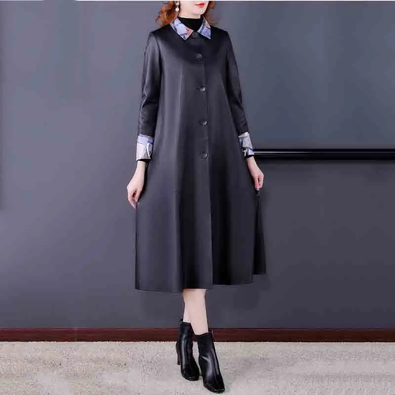 High-end Temperament Fashion Leather Women's  Autumn And Winter New Mid-length Temperament Loose Fashion Stitching Trench Coat