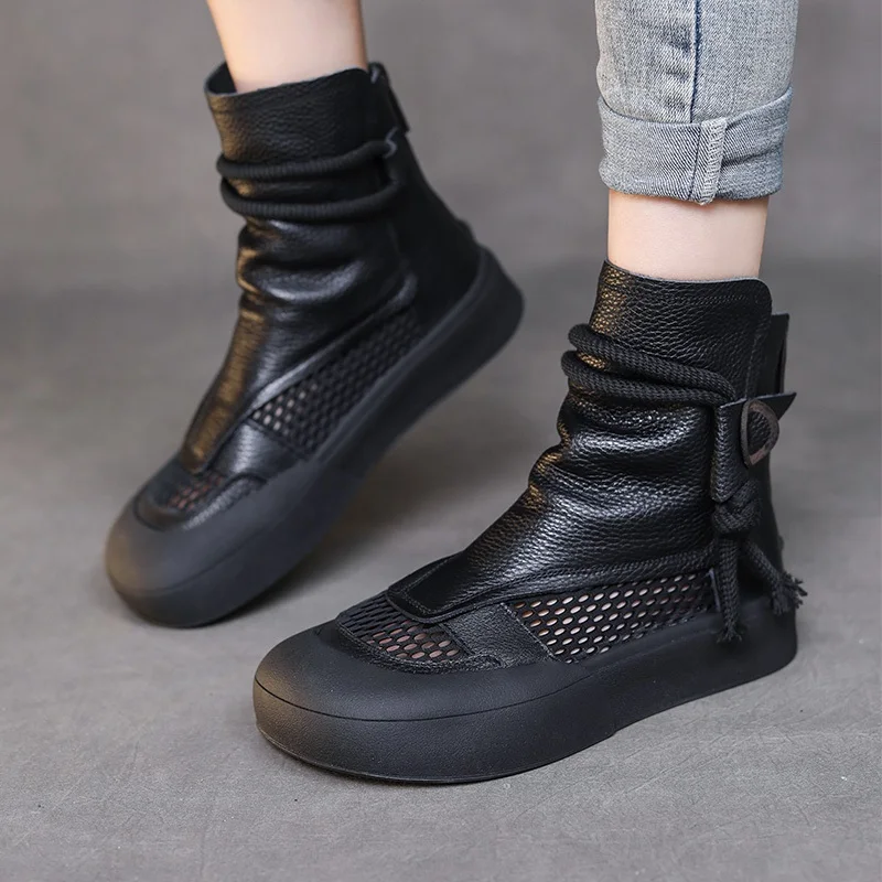 DRKANOL Fashion Women Cool Boots 2024 Summer Genuine Leather Mesh Breathable Flat Ankle Boots For Women Casual Roman Shoes Retro