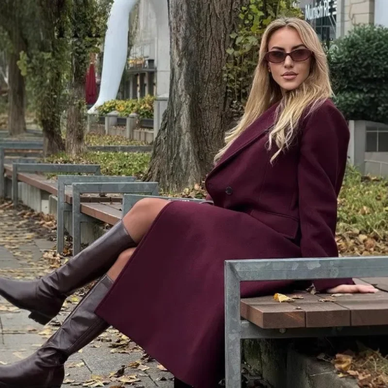 

Женское модное бордовое шерстяное пальто, двубортная куртка с длинными рукавами и лацканами, осенне-зимняя уличная верхняя одежда