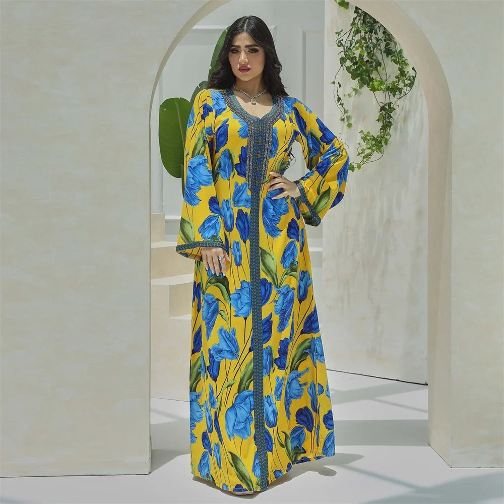 

Eid Ramadan Diamonds Abayas for Women Floral Print Maxi Dress Dubai Turkey Kaftan Muslim Abaya Islamic Jalabiya Robe Party Gown