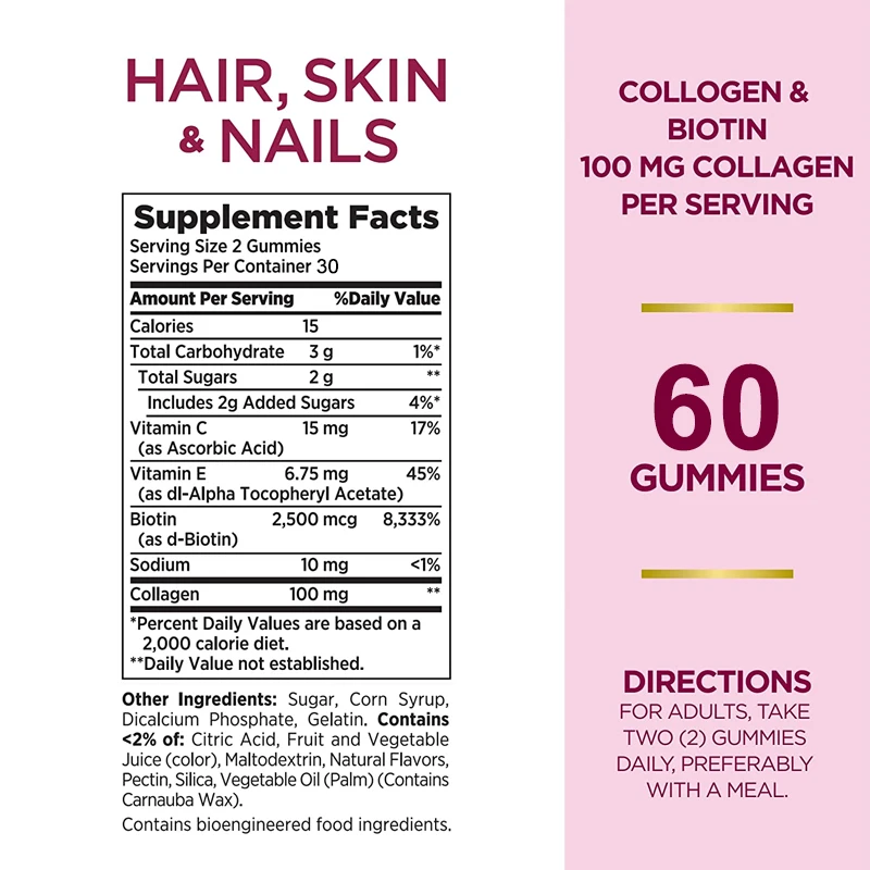 Hair, Skin & Nails Gummy Vitamins - Contains Biotin, Collagen - Promotes Hair Growth, Nourishes Skin, Strengthens Nails