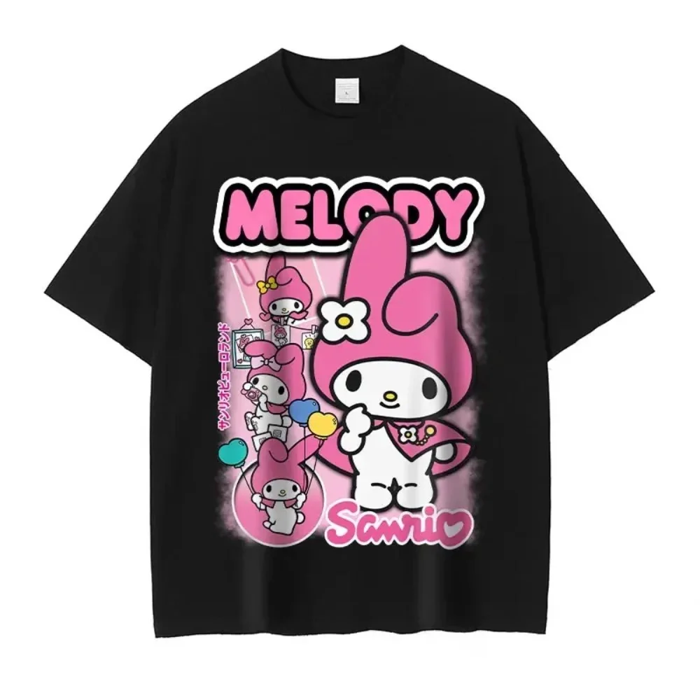 T Shirt Anime My Melody Oversized Vintage Washed Kuromi T-shirts Retro Streetwear Hello Kitty Cute Girl Tops Tees Women Cotton