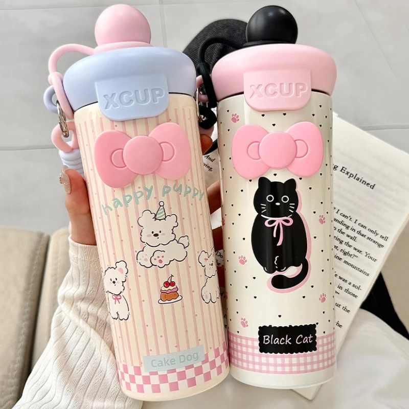 لطيف القط زجاجة ماء حراري مع القش القوس ملصق ترمس من الفولاذ المقاوم للصدأ للمياه الساخنة الباردة القهوة الشاي كوب حراري 600 مللي