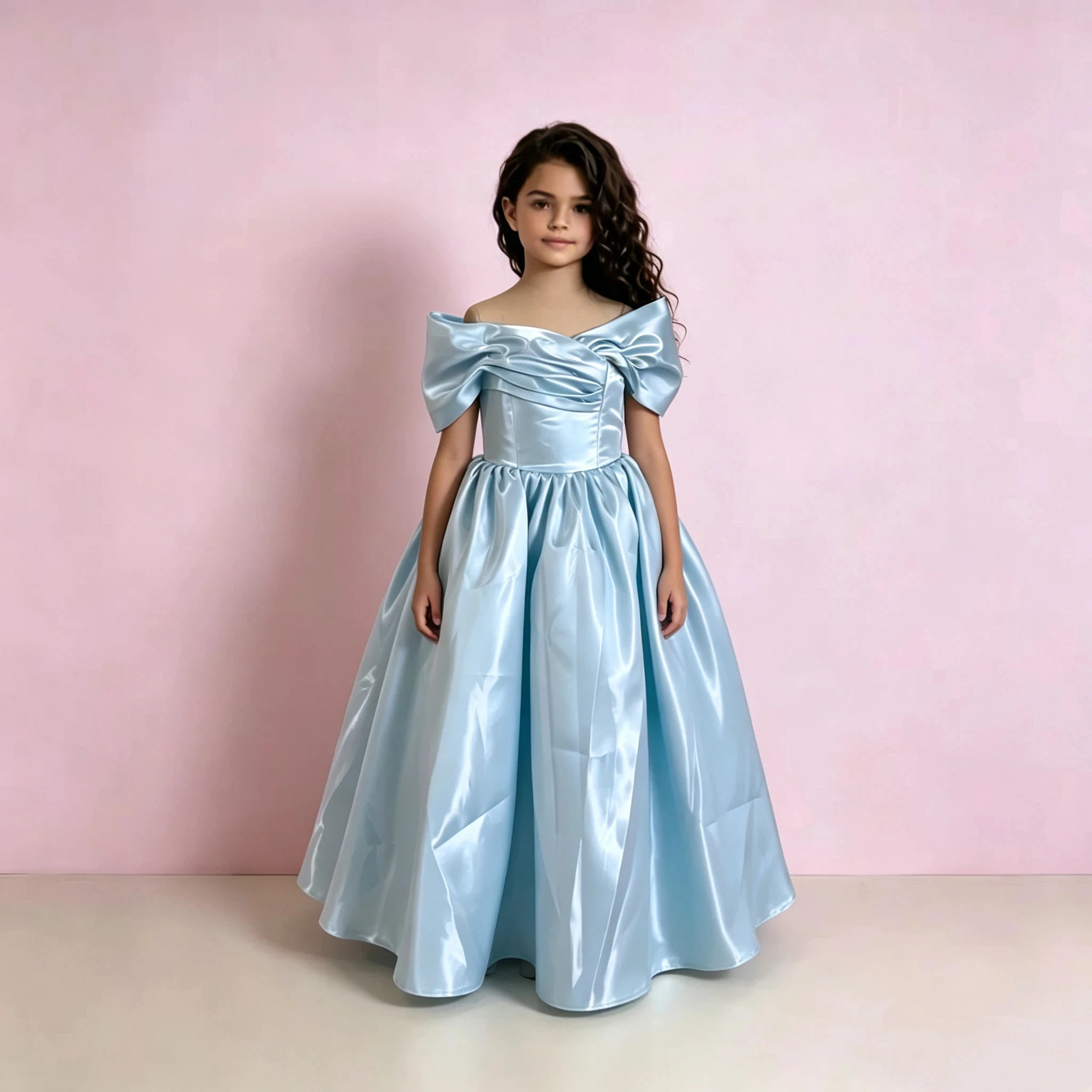 Customized Blue Flower Girl Dress for Wedding Satin Short Sleeve Floor Length Elegant Kids Birthday First Communion Gown