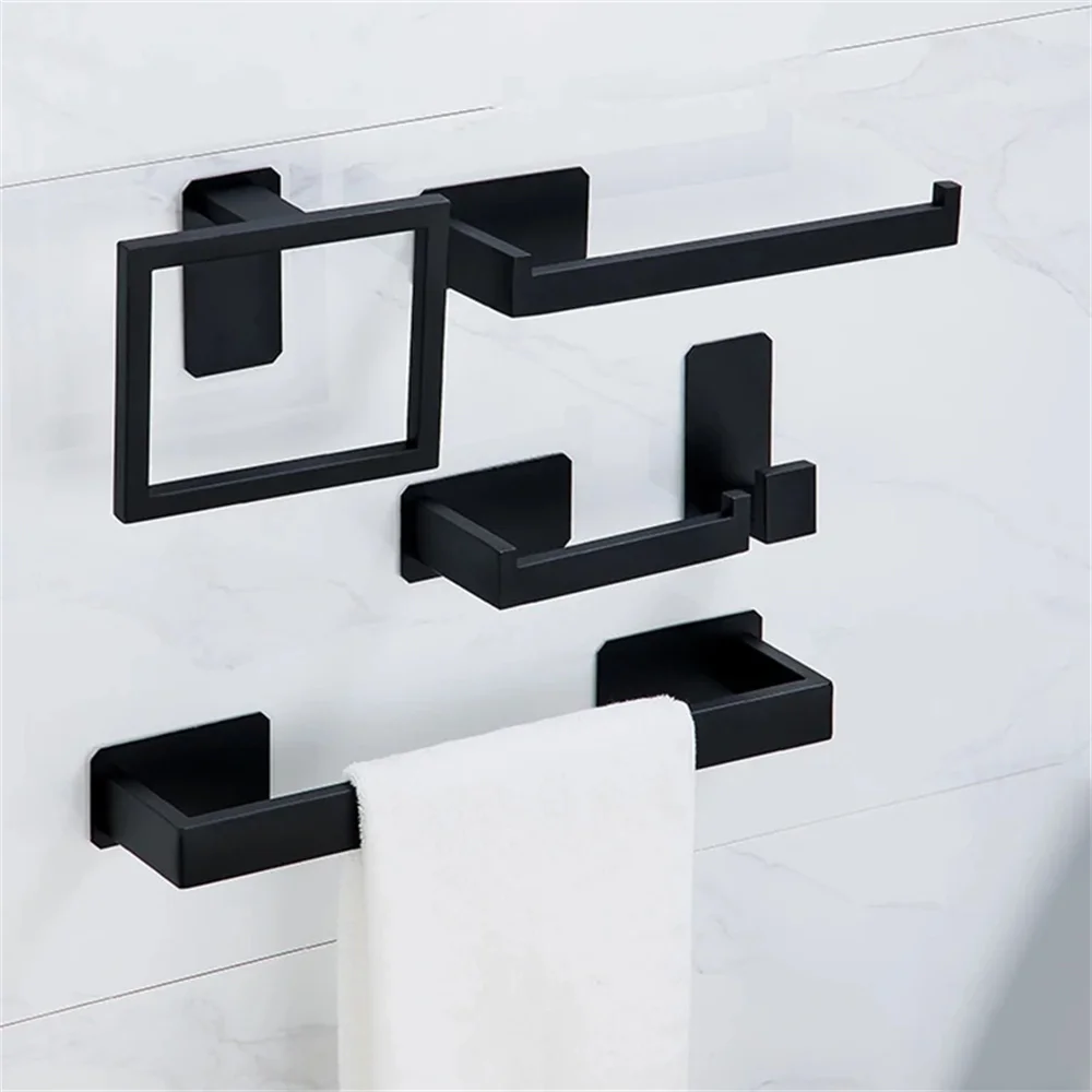 Self-Adhesive Black Rack Bathroom Hardware Accessories Stainless Steel Toilet Paper Hat Holder Towel Bar Hook for Door Closet