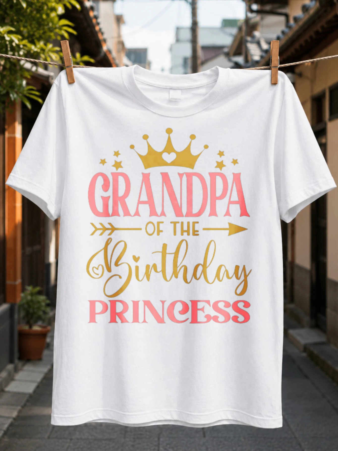 Grandpa of the Birthday Princess Pink Gold Typography with Crown Stars Arrow and Script Proud  Unisex All T-Shirt
