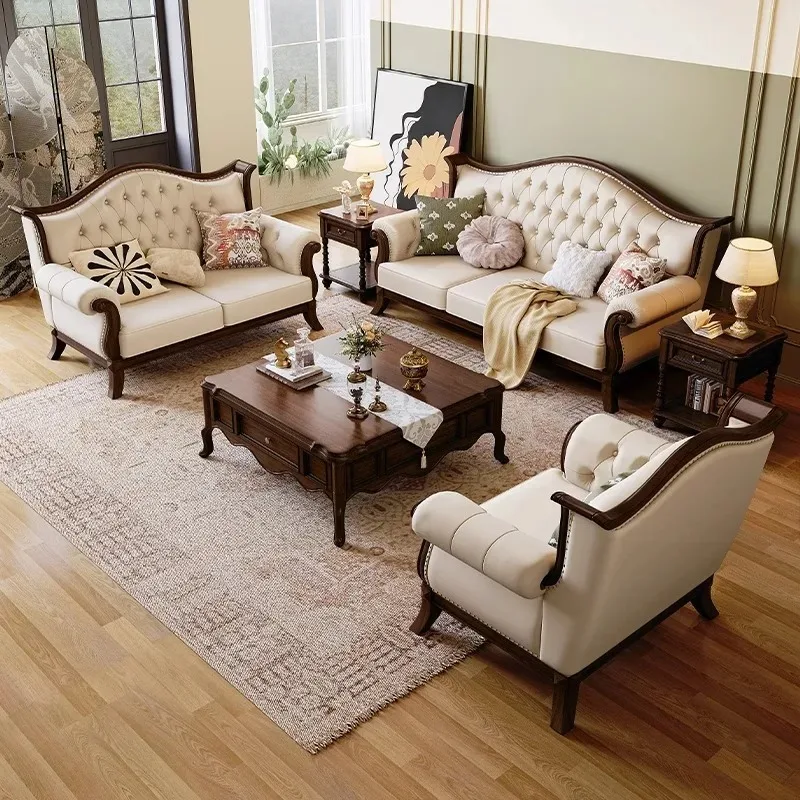 U-shaped sofa old-fashioned American country style classic retro buckle nappa leather sofa villa living room set solid wood