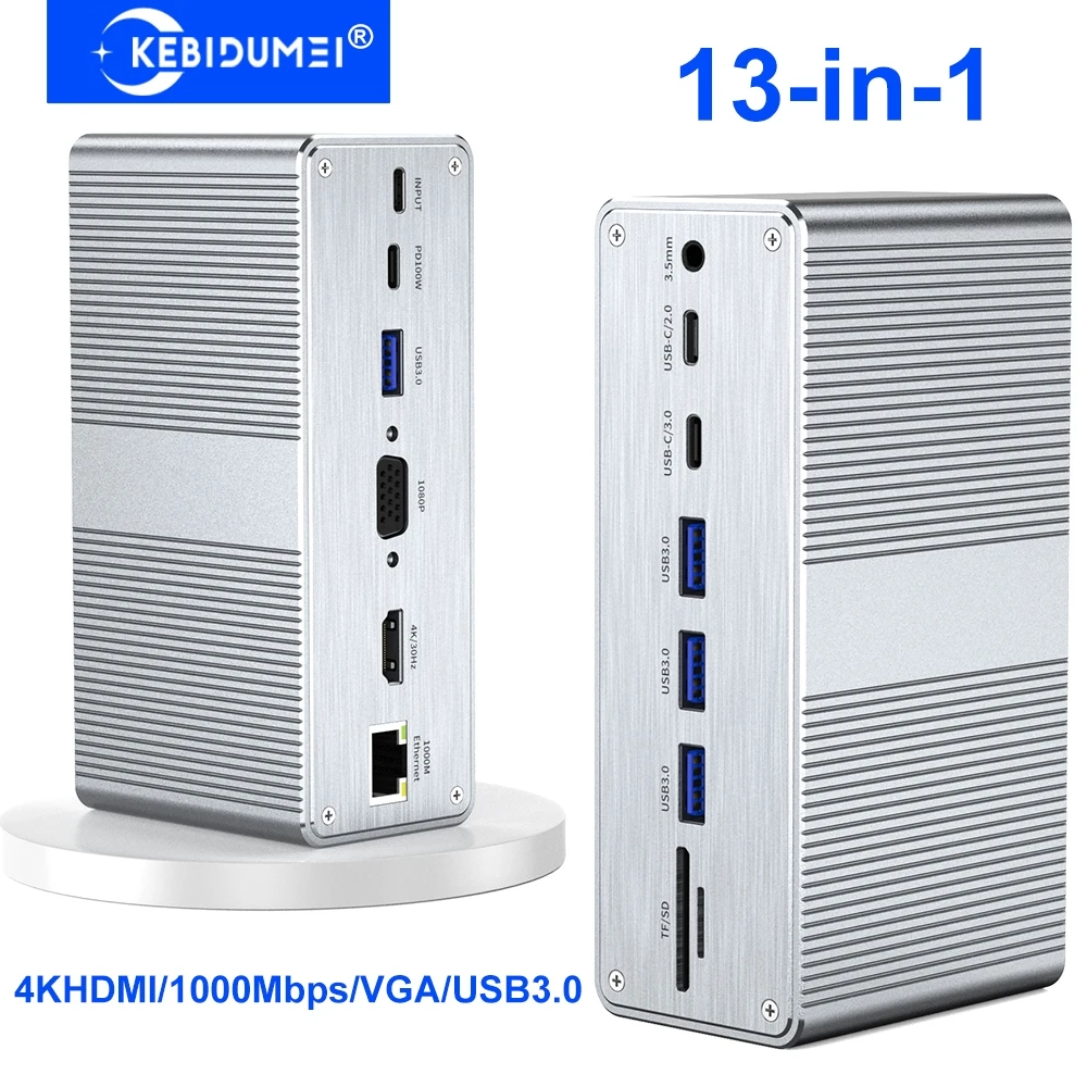

Vertical Docking Station 13-in-1 USB C Docking Station 4K HDMI-Compatible Gigabit Ethernet Adapter USB 3.0 HUB for PC Laptop