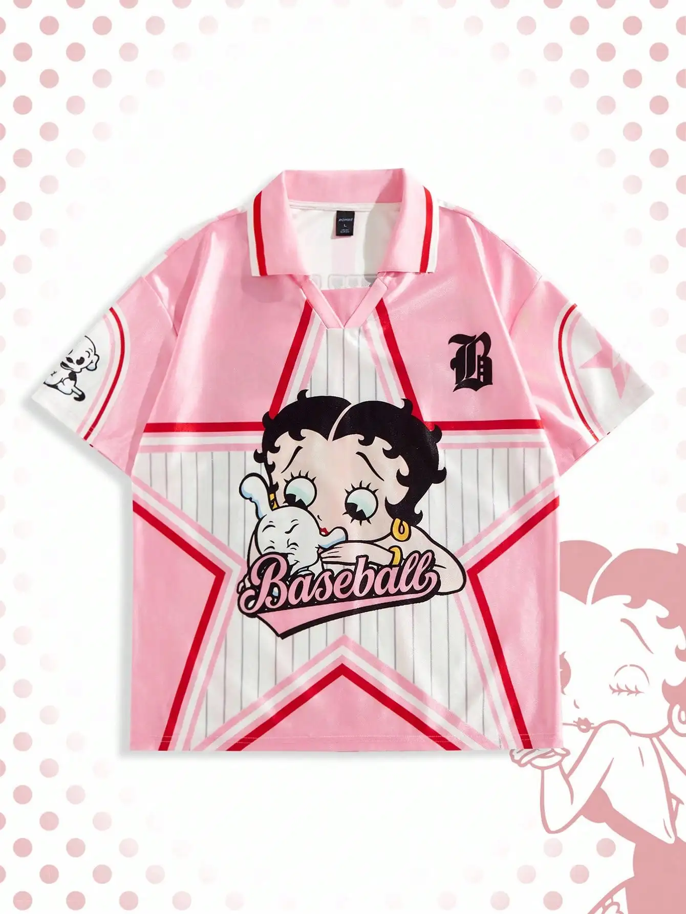 

Pink Y2K Style Graphic Print Short Sleeve Polo Shirt with Star and Cartoon Motif