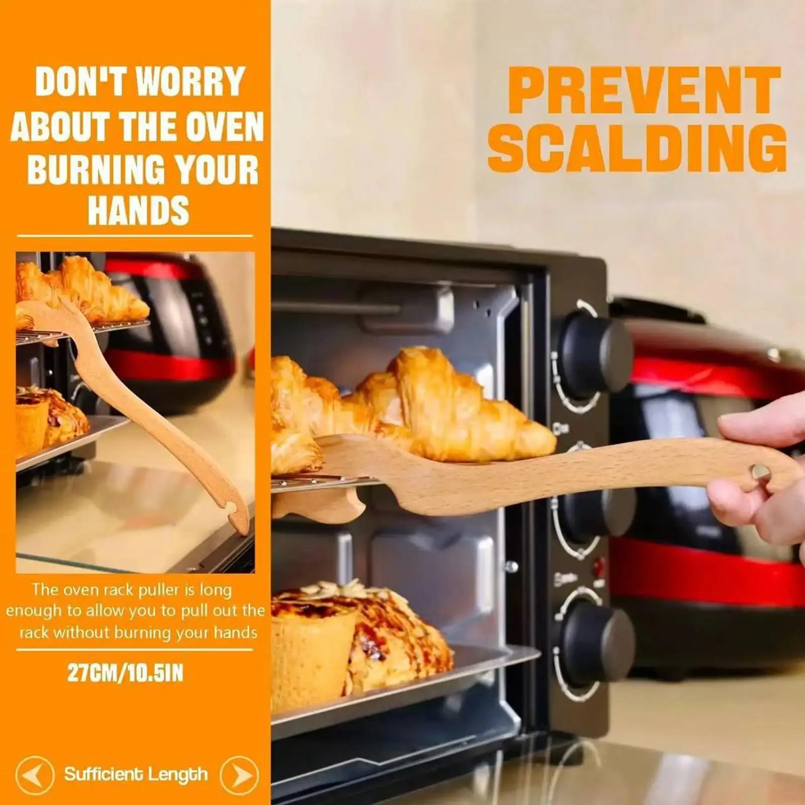 Oven Rack Puller Tool Wooden Long Handle Heat Safe Kitchen Gadget Oven Rack Helper for Toaster Air Fryer Baking BBQ Roasting