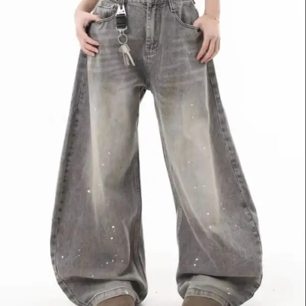 Vintage Washed Gray Star Splash Ink Splatter Wide Leg Jeans Unisex Loose Casual Distressed Denim Streetwear Pants