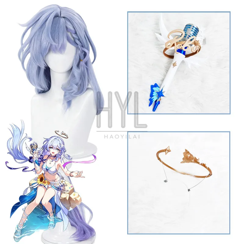 Game Honkai: Star Rail Robin Summeretto Cosplay Wig Blue Long Synthetic Hair Microphone Halo For Women Halloween Costume Party