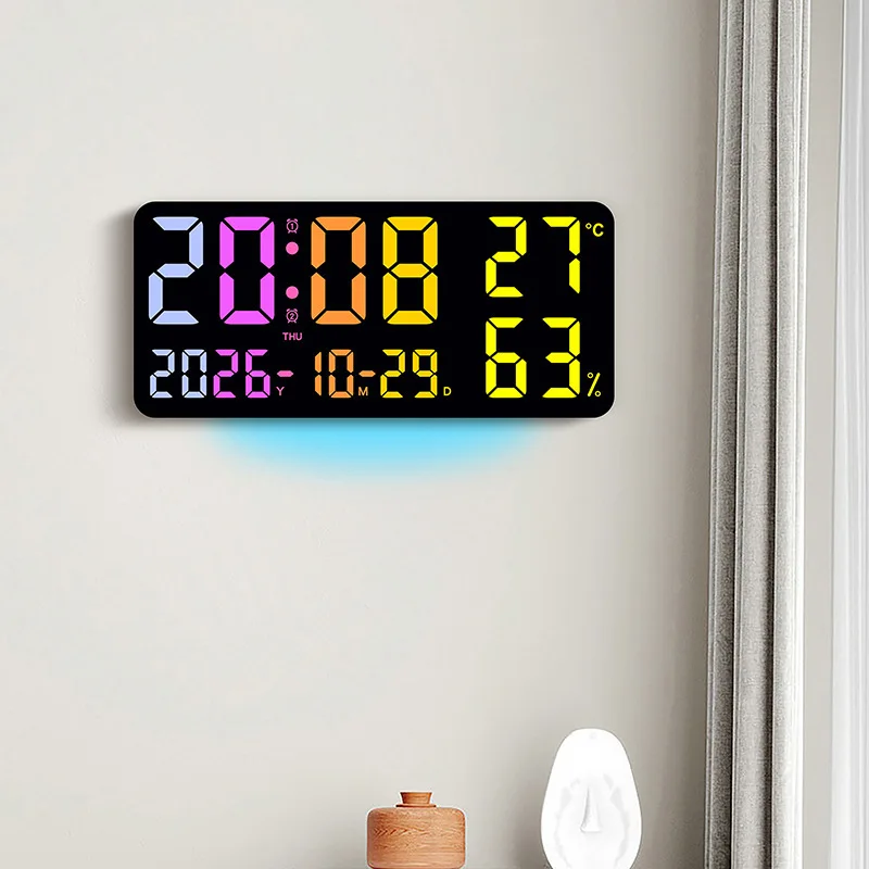 

Large RGB Digital Wall Clock with 9 Colors Mood Light TEMP Humidity Date Week 2 Alarms 12/24H 3-level Brightness LED Alarm Clo