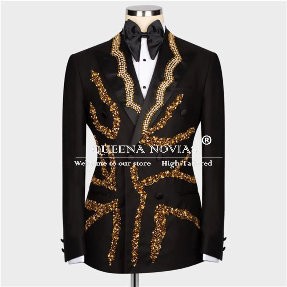 Exquisite Crystals Beaded Suits Men Formal Party Groom Wedding Tuxedos Customized Double Breasted Man Banquet Dinner Prom Blazer