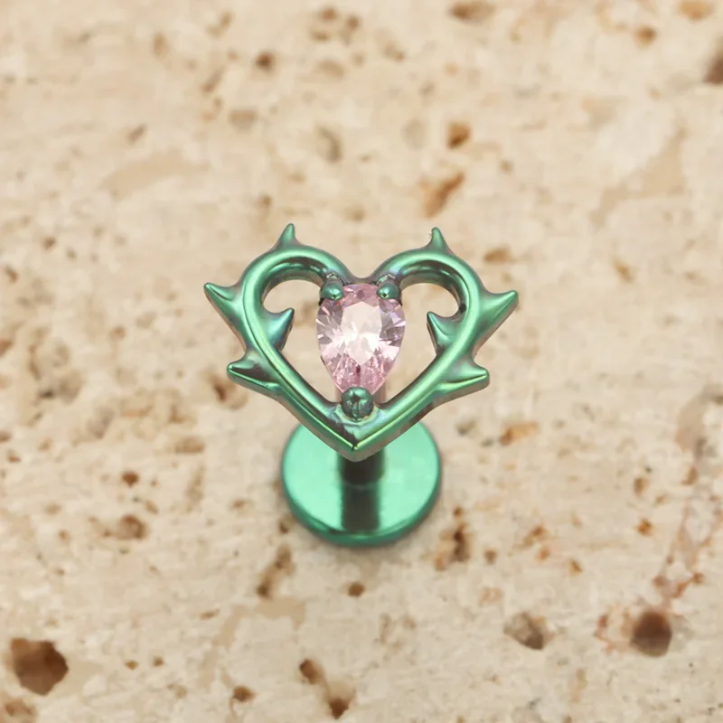 Image of F136 Titan Dornen Herz Lippenpiercing Tropfenförmiger Zirkonia Innengewinde Labret Ohr Flachhelix Lappenpiercing Eloxierter Nasenstecker