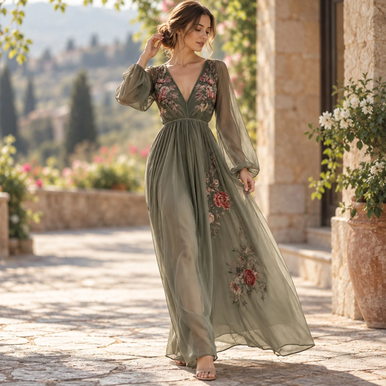 Printed Long Sleeve Dress Loose Fit Streetwear with Loose Waist 3D Effect Pattern Maxi Length V Neck Pullover Women Summer Dress