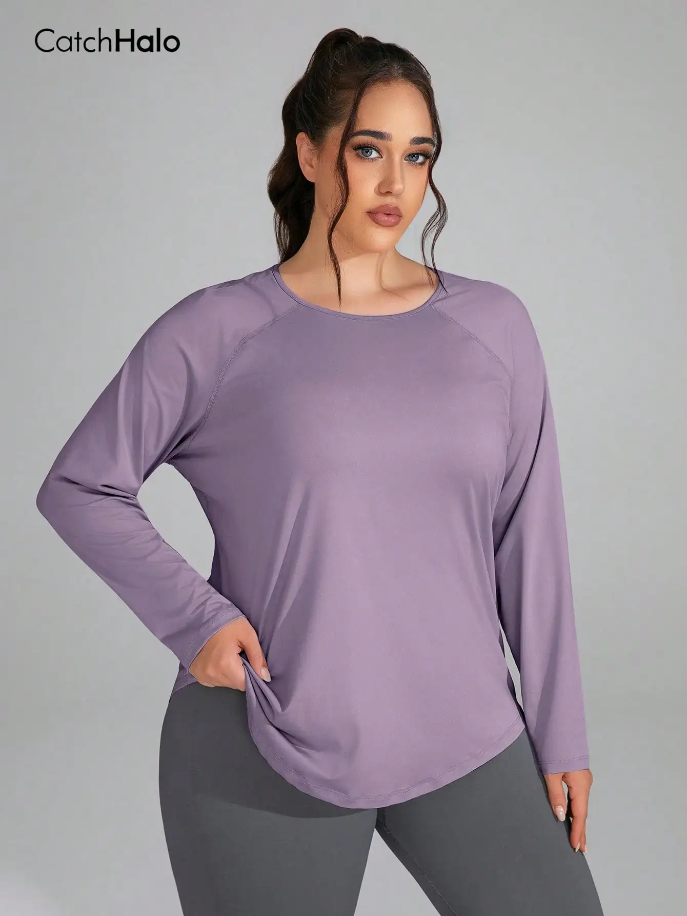 Plus Size Women Fleece Lined Workout Top Long Sleeve Yoga T Shirt Thumbhole Curved Hem Gym Fitness Activewear