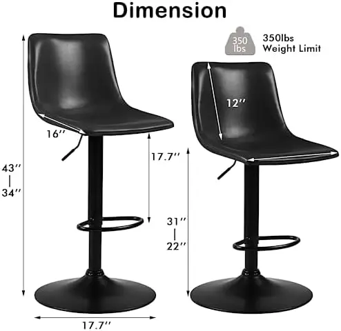 Fezes giratórias ajustáveis Set para Kitchen Island, Counter Altura Barstools, cadeiras de couro PU, estofados JOM, 2 PCs