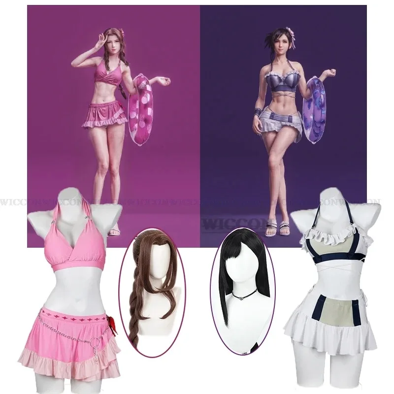 qq023Tifa Lockhart Cosplay Costume Game Final Fantasy VII Aerith Gainsborough Wig Summer Swimsuit Sexy Bikini Woman Carnival Sui