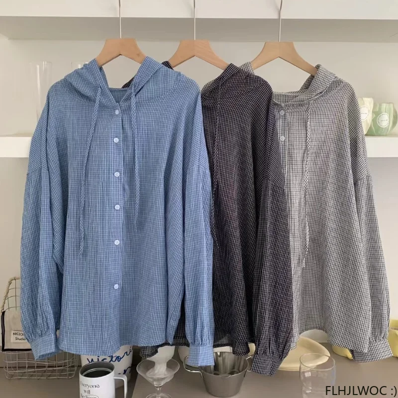 Oversize Loose Women Cute Tops Preppy Style Vintage Japan Korea Design Single Breasted Button Elegant Blue Plaid Shirts Blouses