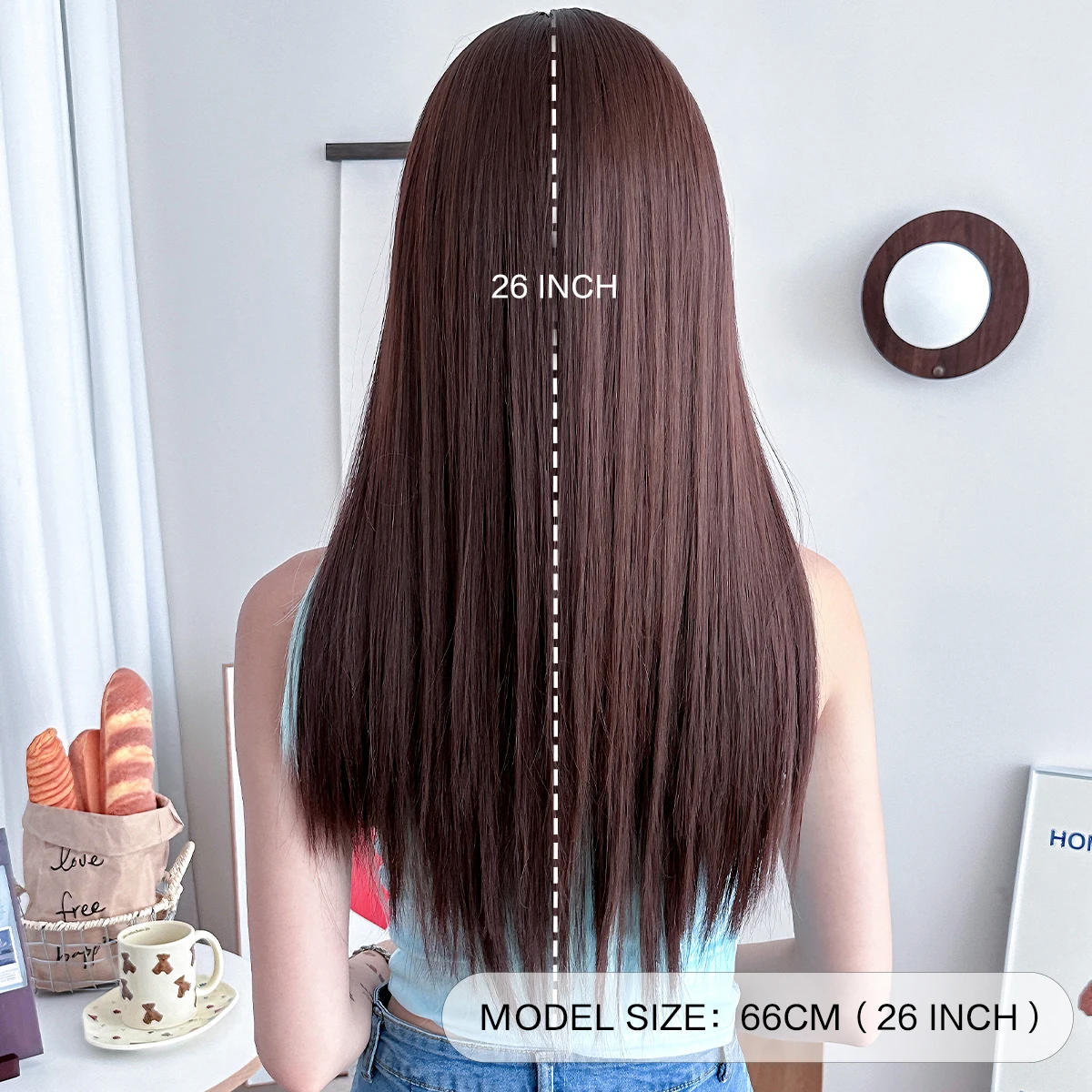 Long Straight Mocha Brown Wig for Women Synthetic Heat-Resistant Modest Fashion Wear and Go ombre Green Wigs with Neat Bangs - view 4