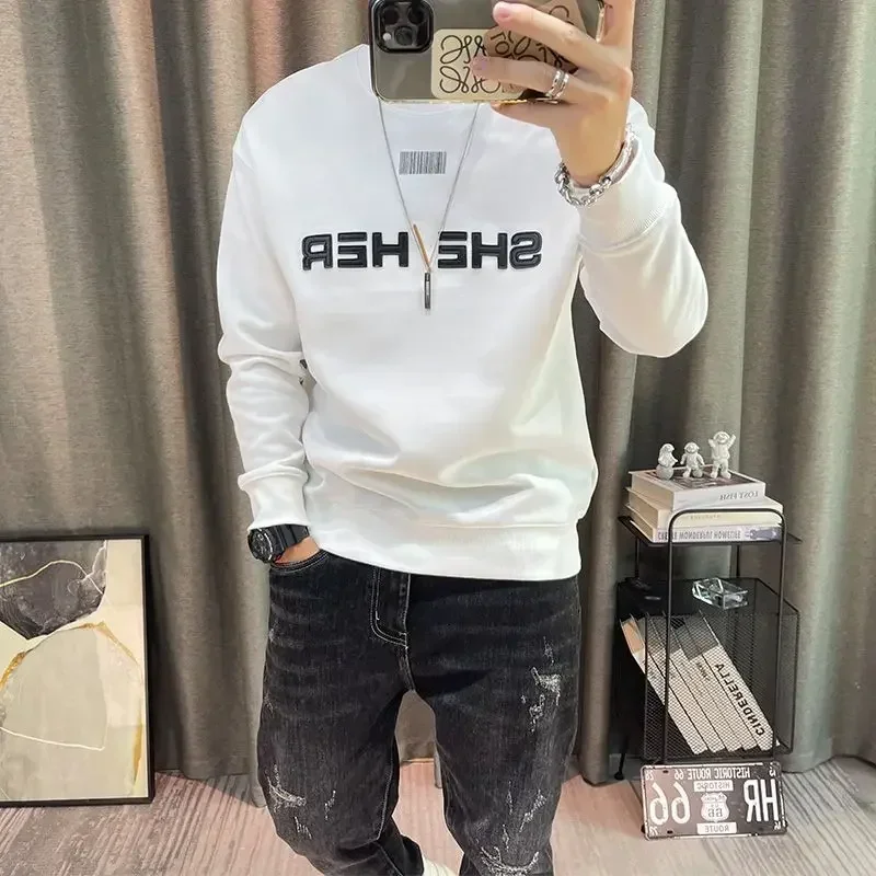 Sweatshirts for Man Hoodieless Crewneck Black Men's Clothing Top Pullover Letter Print Round Neck Novelty and High Quality Loose