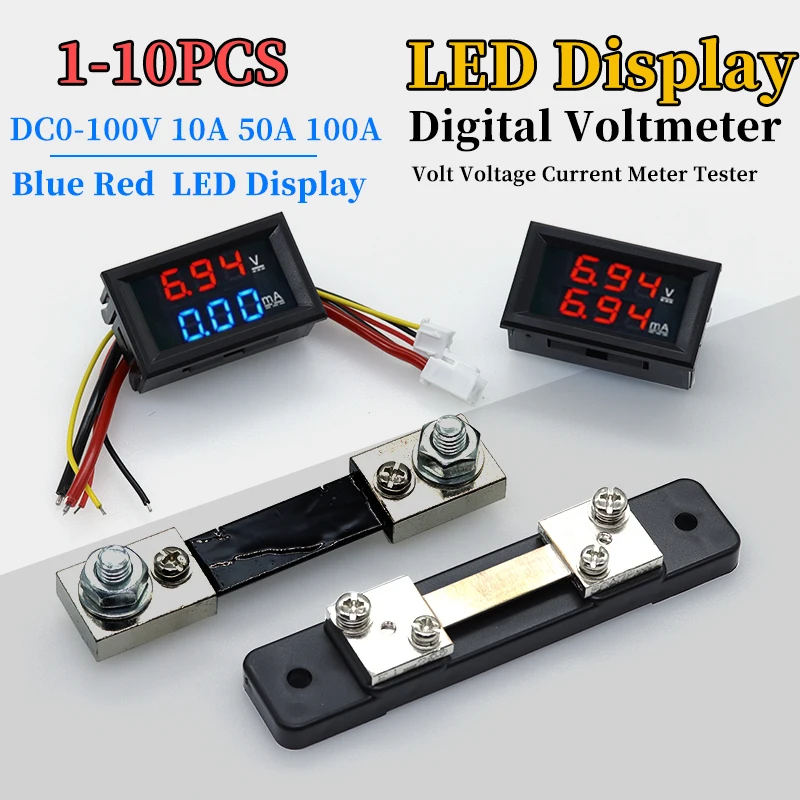 1-10Pcs Mini Digital Voltmeter Ammeter DC0-100V 50A 100A Panel Amp Volt Voltage Current Meter Tester Blue Red Dual LED Display