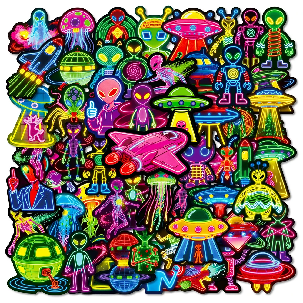 

10/30/56pcs Cool Neon Space Aliens Graffiti Stickers Cartoon UFO Spaceship Sticker Laptop Luggage Phone Bike Waterproof Decals