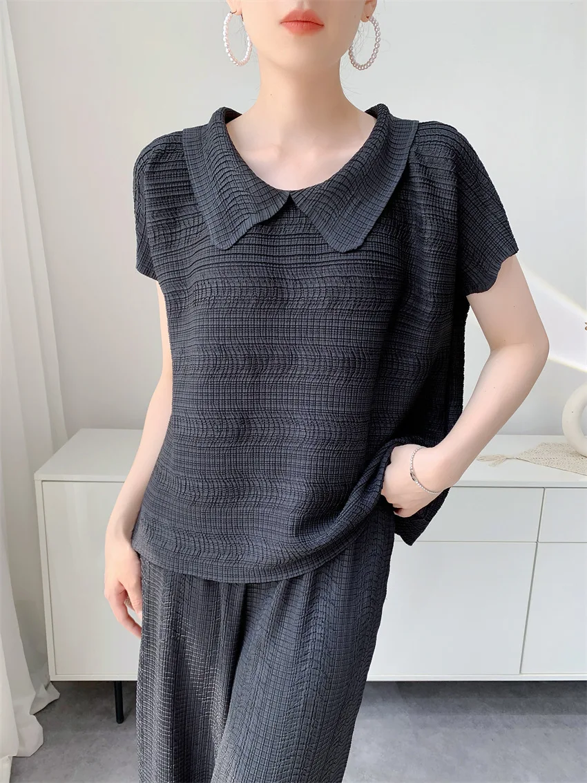 Miyake Pleated Women's Casual Solid Color Doll Collar Short-sleeved Loose Versatile T-shirt Top Pullover Shirt