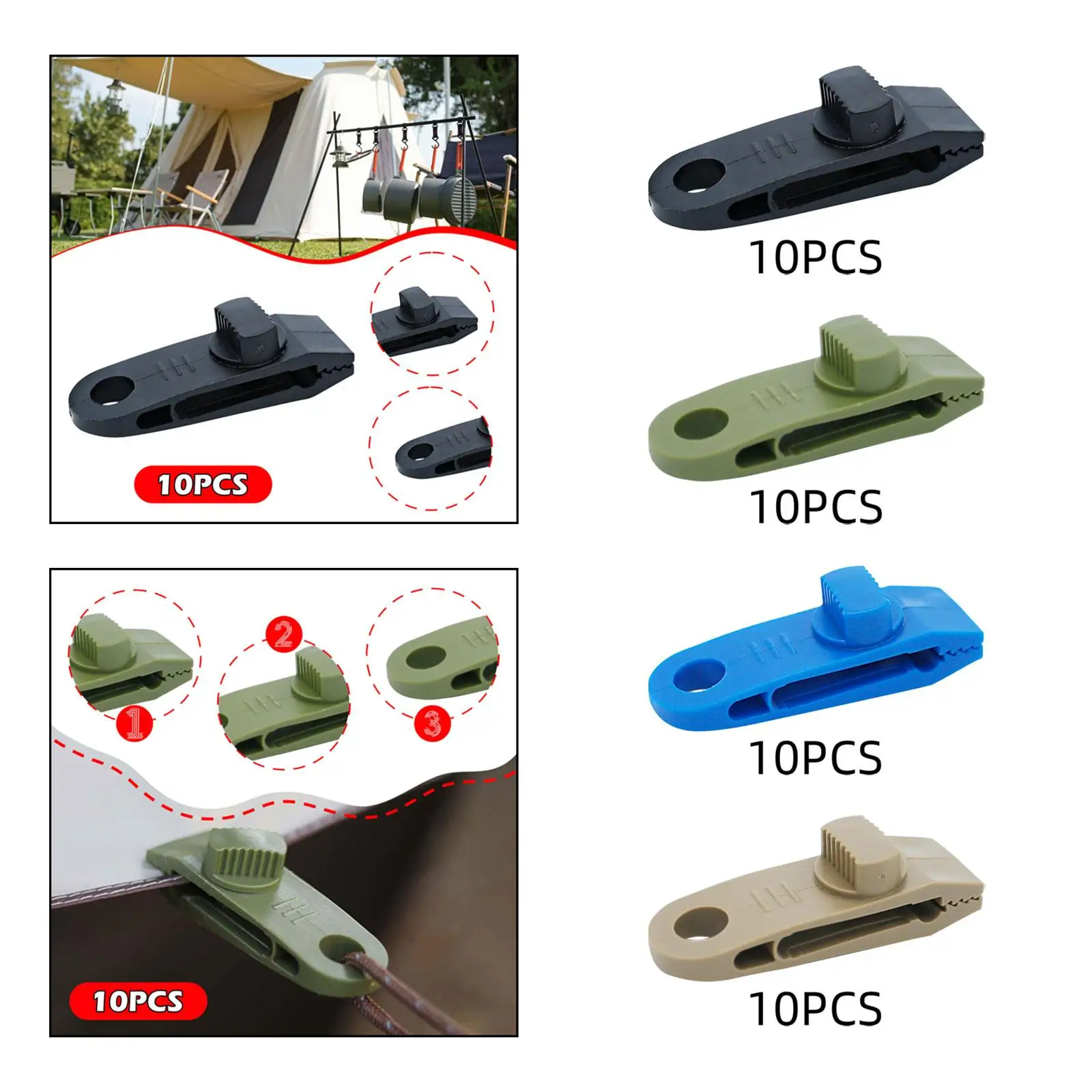Abrazaderas para tienda de campaña, cubierta para piscina, Clips multiusos para lona de tienda resistente, 10 Uds.