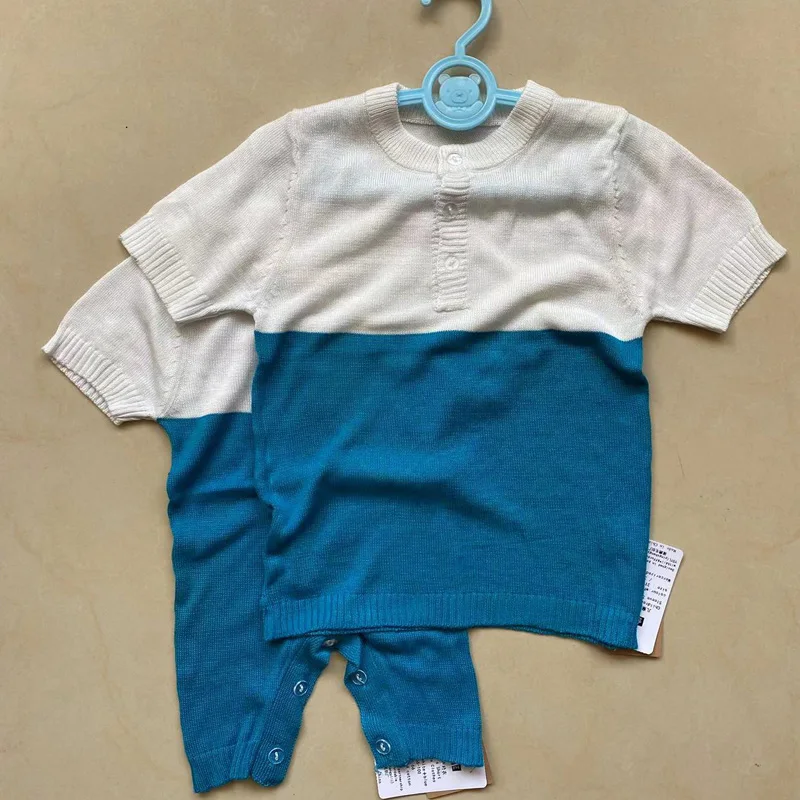 2024 new summer children's knitted short sleeved T-shirt newborn baby jumpsuit boy sweater thin 3m-10T