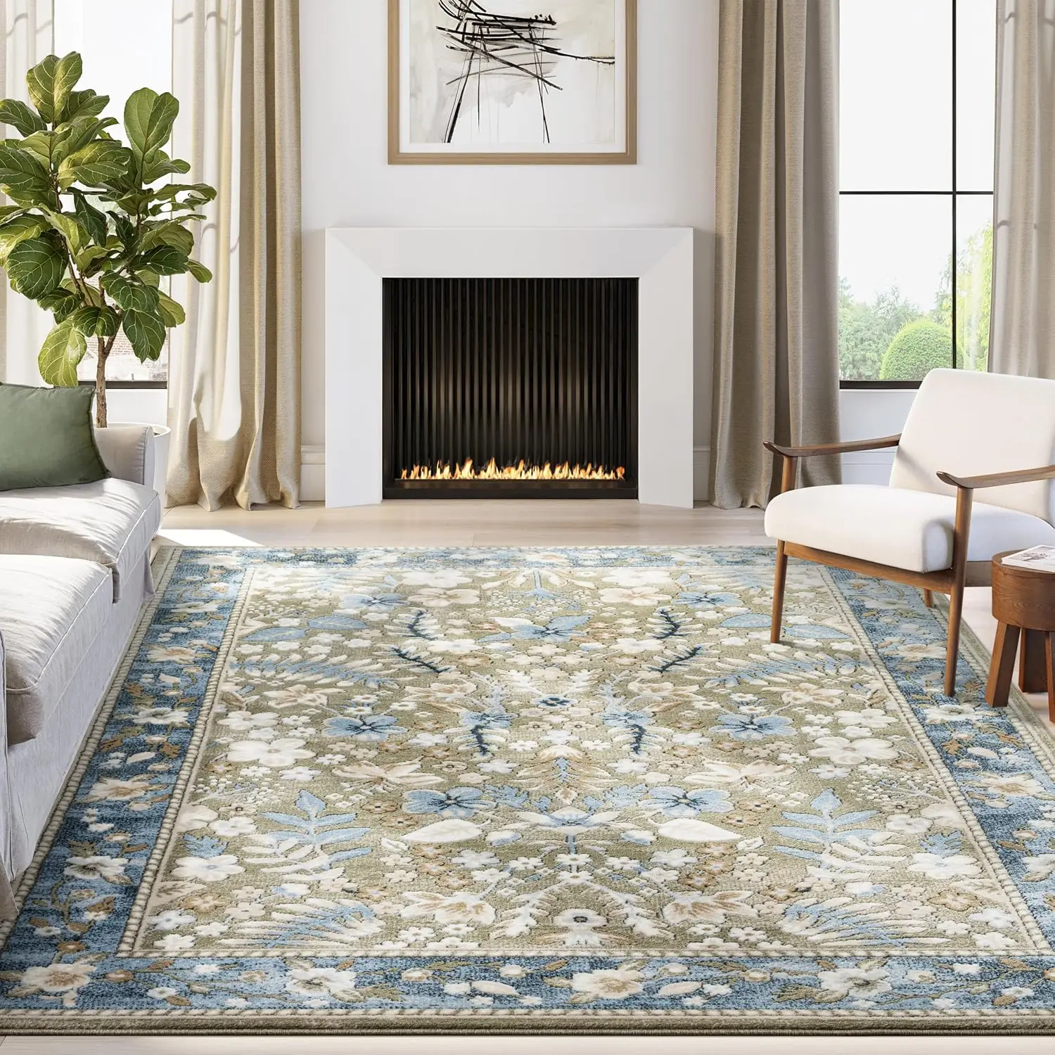 Savoy Area Rug 6' X 9' – Vintage Floral Pattern in Soft Green, Beige & Ivory – Stain-Resistant Polypropylene/Polyester Blend – Pet & Child Friendly